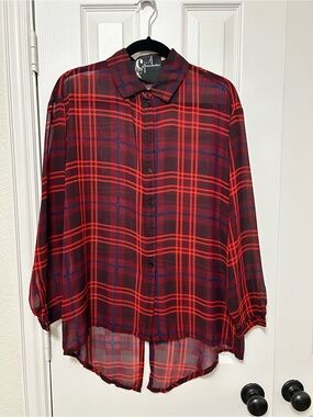 Chandelier Women’s Red Plaid Button Down Sheer Blouse size M 90s